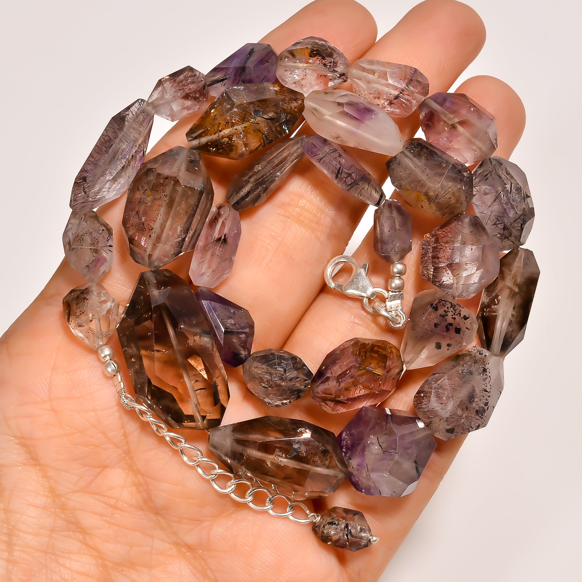 Elestial Amethyst Natural Gemstone Fancy Shape Faceted Beads Necklace 17-19" ,10X8 27X15 mm 268 Ct. YN-258