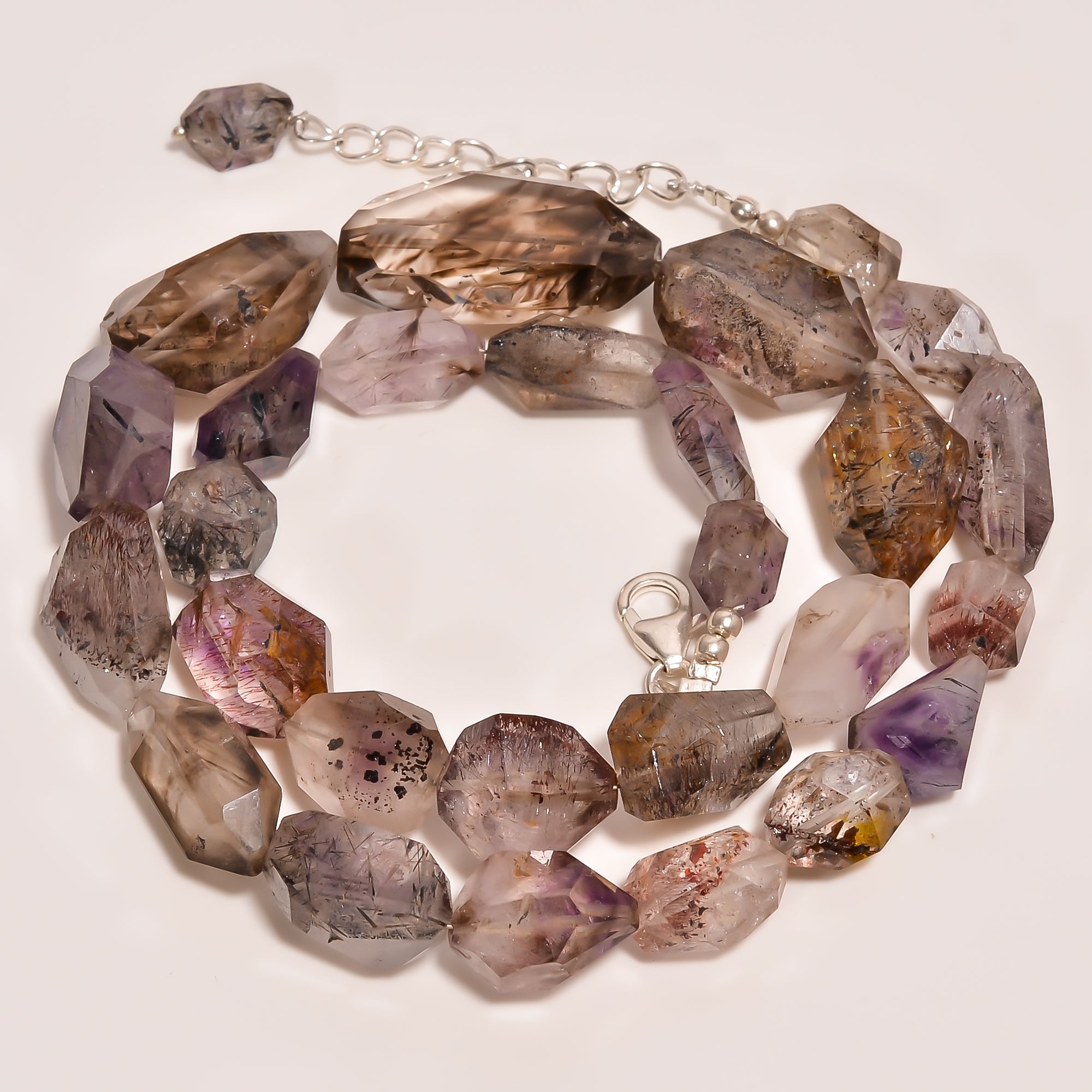 Elestial Amethyst Natural Gemstone Fancy Shape Faceted Beads Necklace 17-19" ,10X8 27X15 mm 268 Ct. YN-258