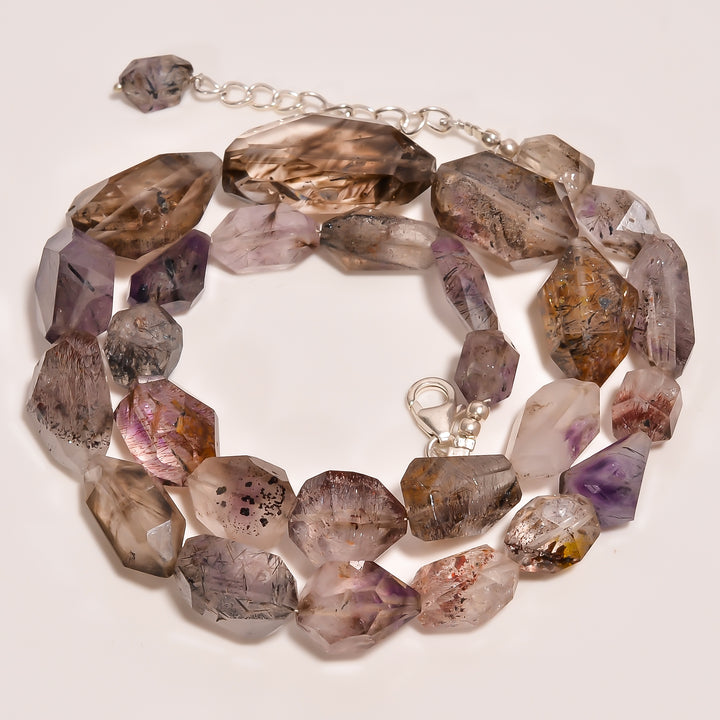 Elestial Amethyst Natural Gemstone Fancy Shape Faceted Beads Necklace 17-19" ,10X8 27X15 mm 268 Ct. YN-258