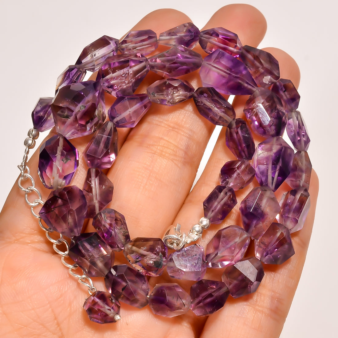 Elestial Amethyst Natural Gemstone Fancy Shape Faceted Beads Necklace 17-19" ,8X7 14X13 mm 167 Ct. YN-261