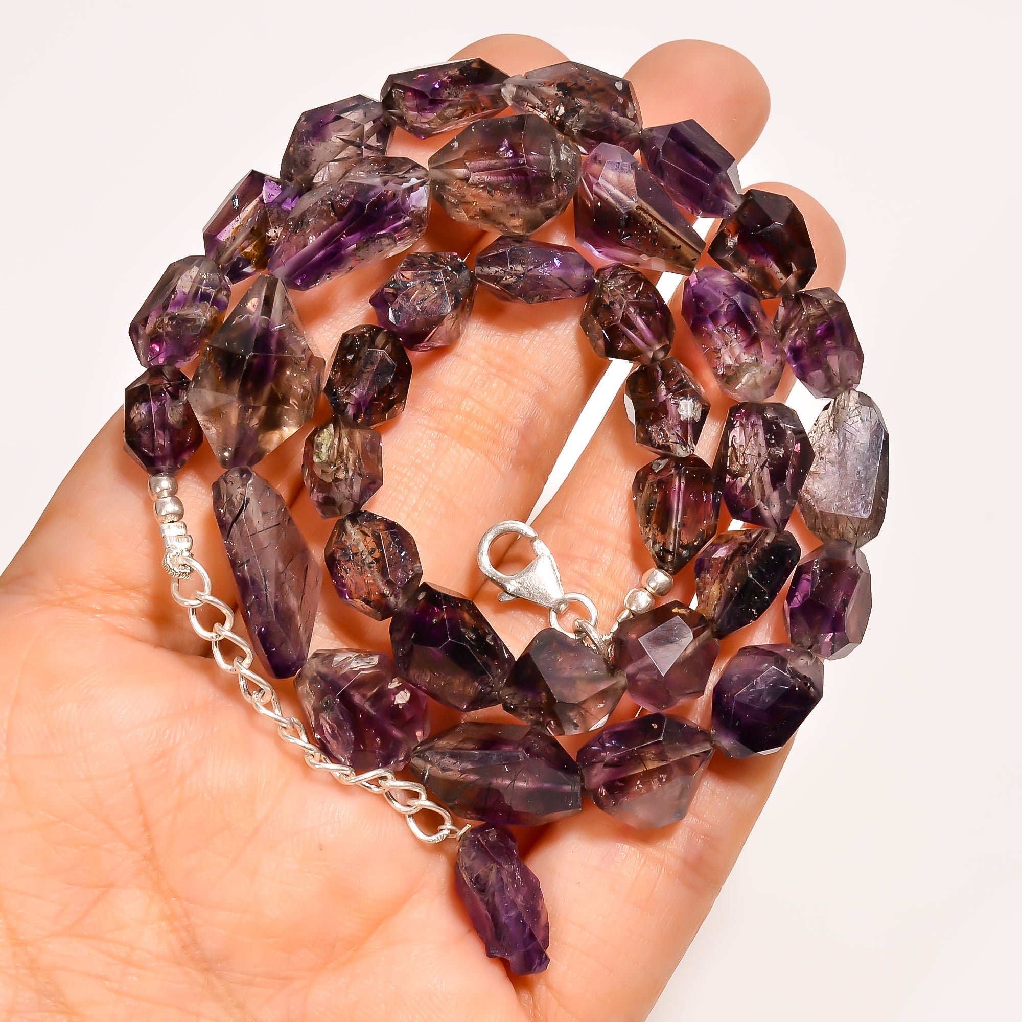 Elestial Amethyst Natural Gemstone Fancy Shape Faceted Beads Necklace 17-19" ,9X7 19X11 mm 204 Ct. YN-264