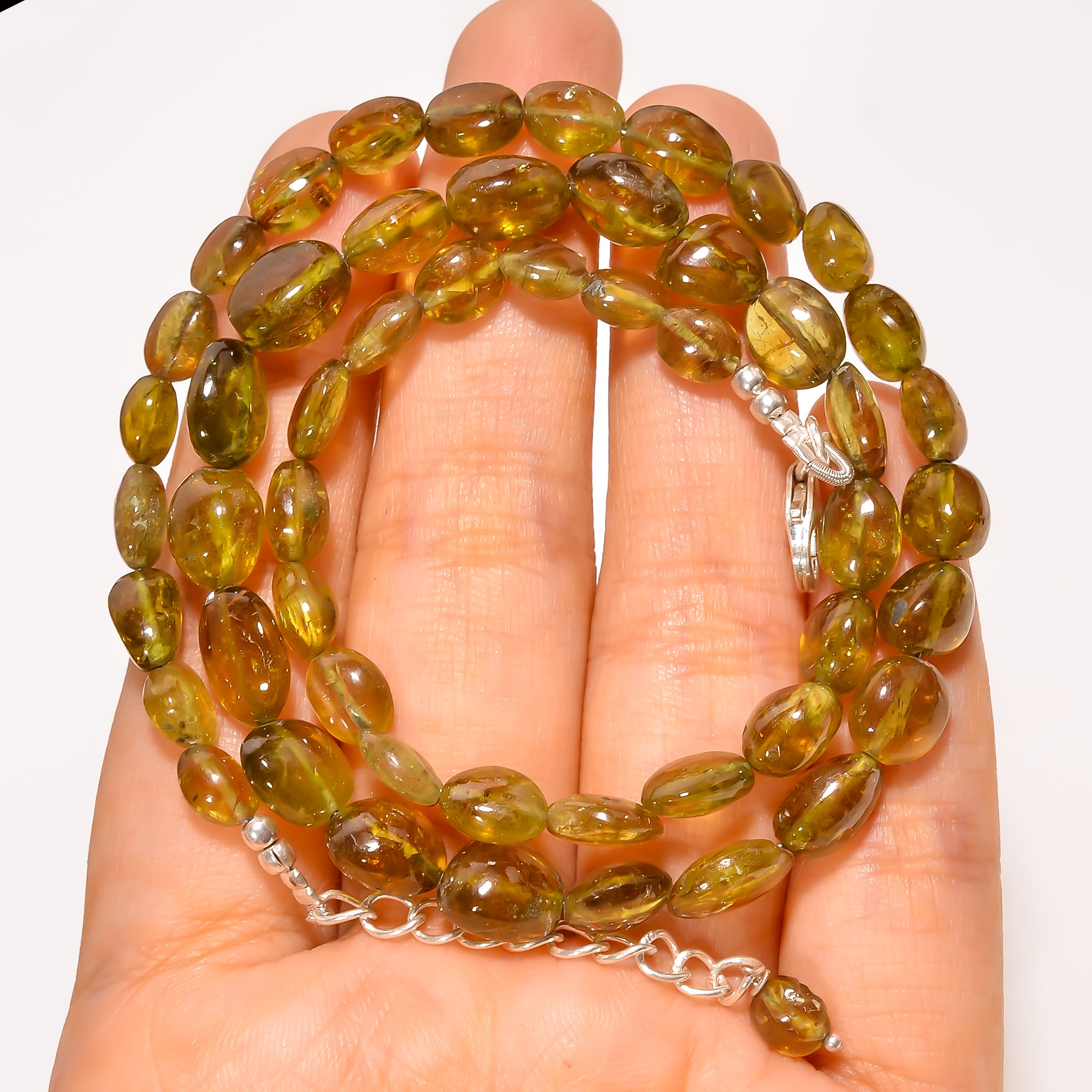 Grossular Garnet Natural Tumble Shape Smooth Gemstone Necklace 17-19" ,6X5 10X7 mm 140.5 Ct. YN-283