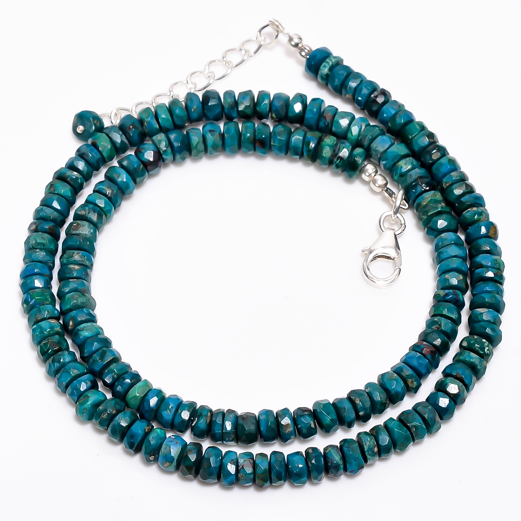 Chrysocolla Natural Gemstone Rondelle Shape Faceted Necklace 17-19" Beads 5X5X3 mm, 97 Ct. YN-361