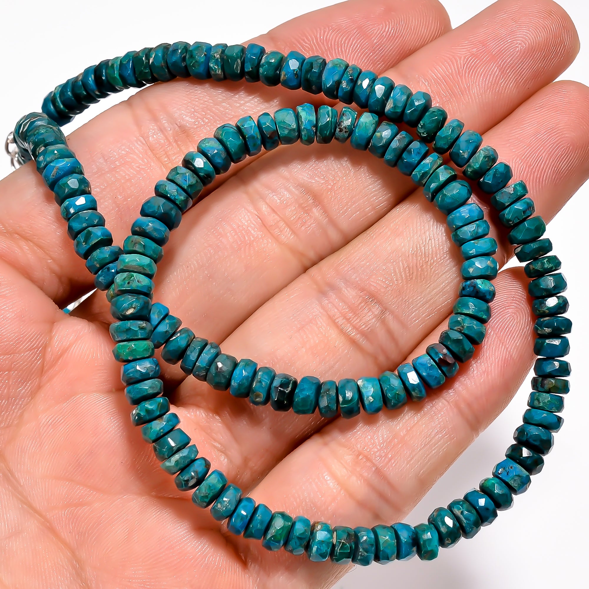 Chrysocolla Natural Gemstone Rondelle Shape Faceted Necklace 17-19" Beads 5X5X3 mm, 97 Ct. YN-361