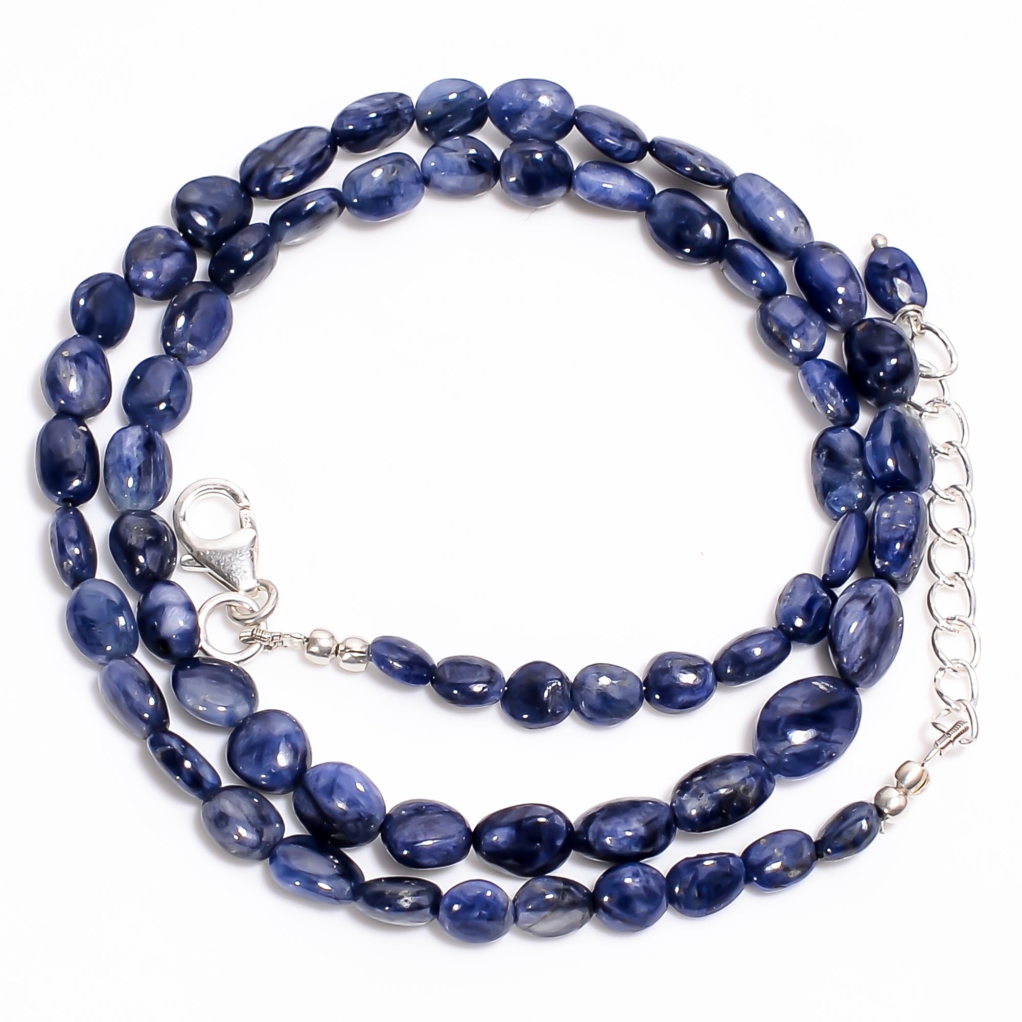 Blue Sapphire Natural Gemstone Oval Shape Smooth Necklace 17-19" Beads 4X3 9X7 mm, 96 Ct. YN-365