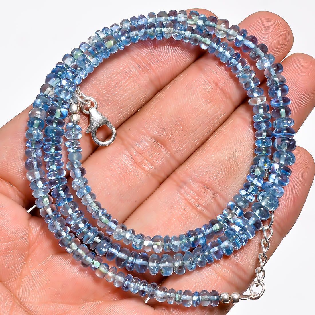 Blue Apatite Natural Gemstone Rondelle Shape Smooth Necklace 17-18.5" Beads 3X3 5X5 mm, 91 Ct. YN-380