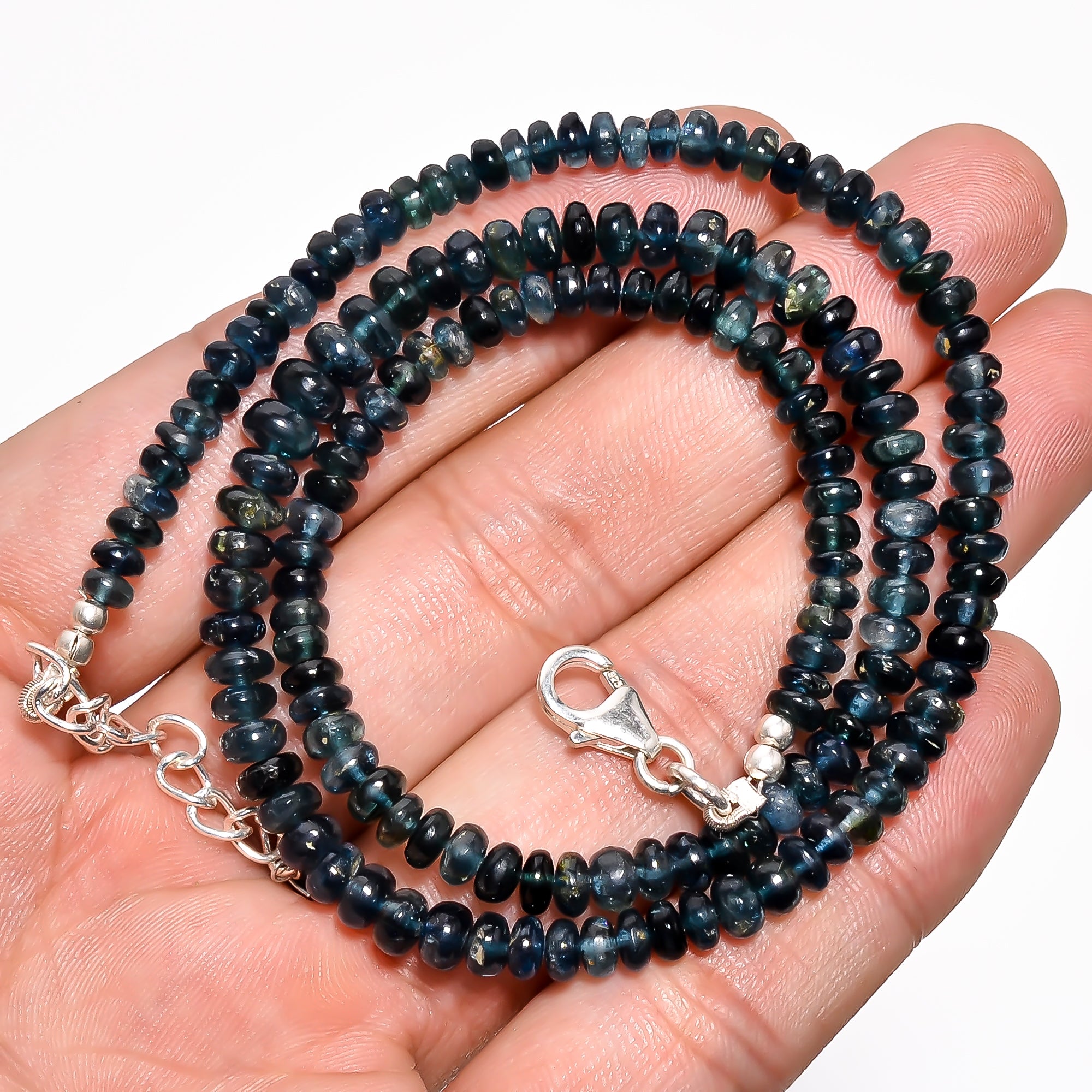 Blue Tourmaline Natural Gemstone Rondelle Shape Smooth Necklace 17-19" Beads 4X4X3 mm, 79 Ct. YN-393