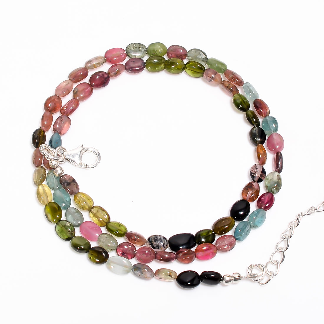 Multi Tourmaline Natural Gemstone Oval Shape Smooth Necklace 17-19" Beads 5X4 7X5 mm, 56 Ct. YN-394