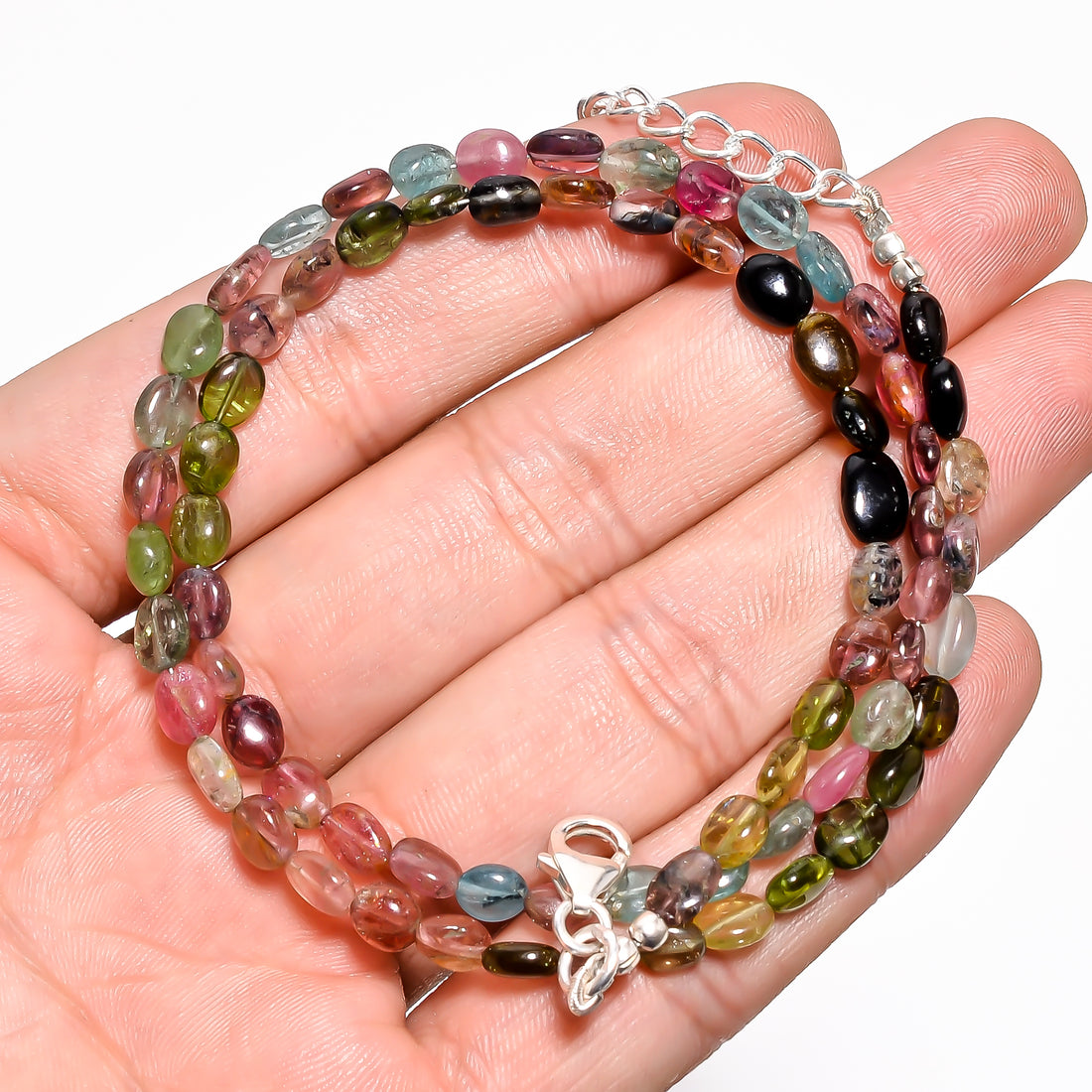 Multi Tourmaline Natural Gemstone Oval Shape Smooth Necklace 17-19" Beads 5X4 7X5 mm, 56 Ct. YN-394