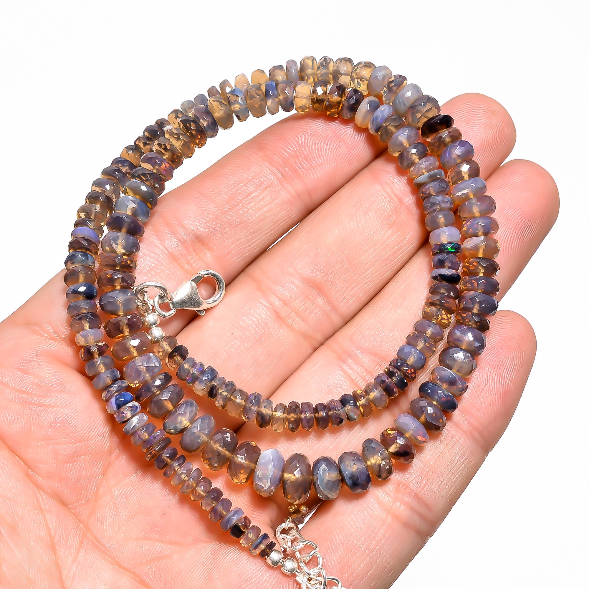 Australian Opal Natural Gemstone Rondelle Shape Faceted Necklace 17-19" Beads 4X4 5X5 mm, 90 Ct. YN-412