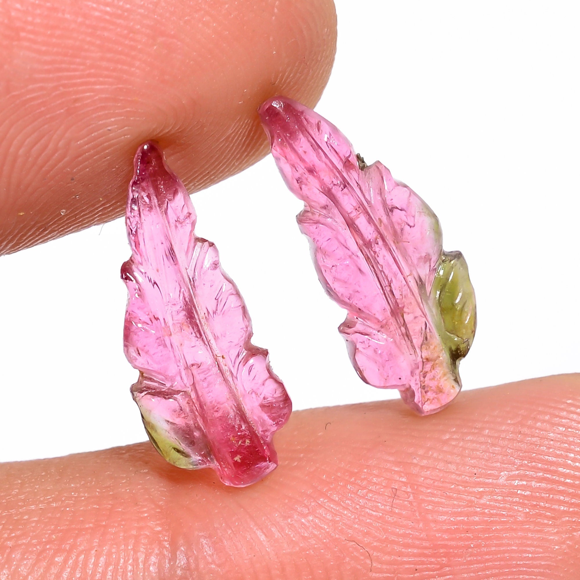 natural bio tourmaline leaf shape carved loose gemstone pair