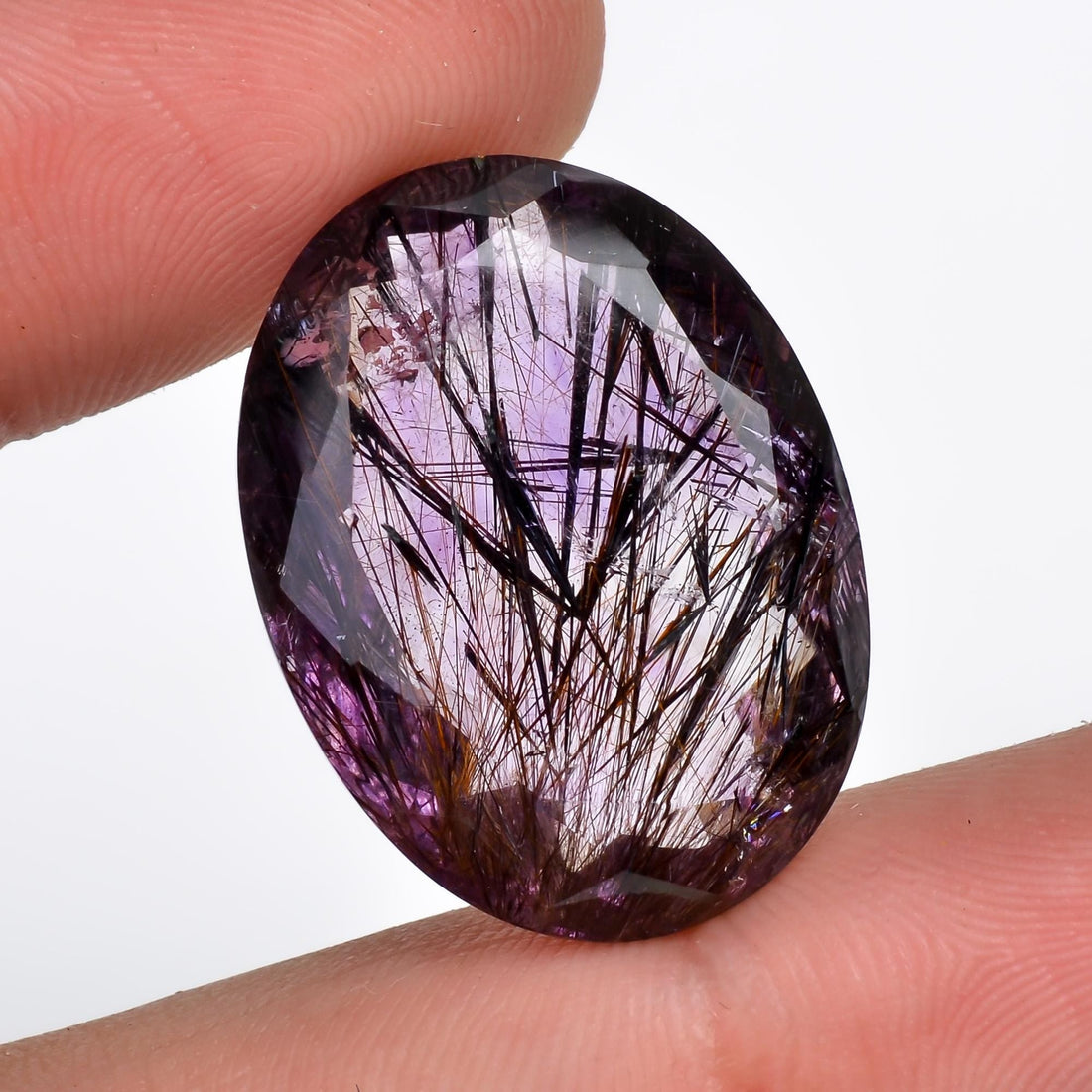 amethyst with cacoxenite natural quartz oval shape cut stone loose gemstone
