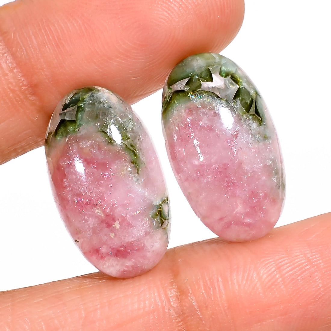 pink green tourmaline natural oval shape cabochon loose gemstone pair