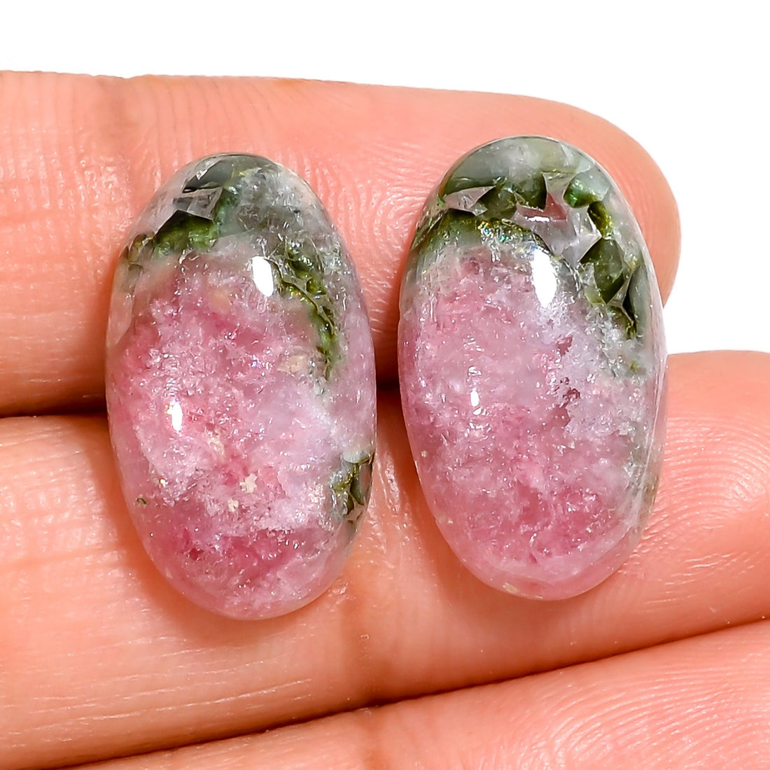 pink green tourmaline natural oval shape cabochon loose gemstone pair
