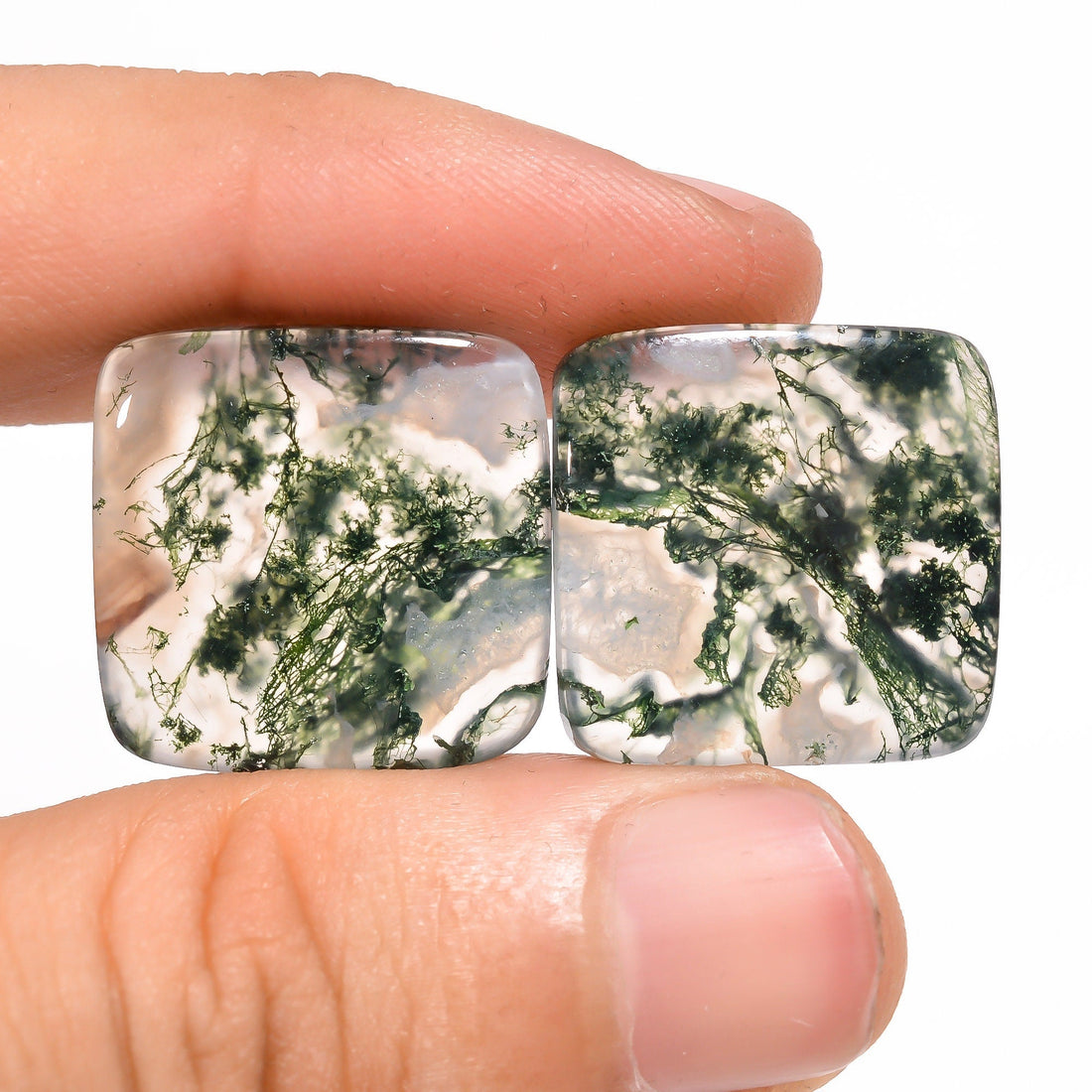 moss agate cushion shape cabochon loose gemstone pair
