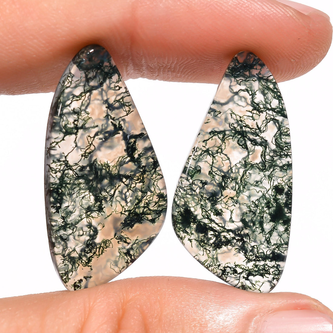 moss agate fancy shape cabochon loose gemstone pair