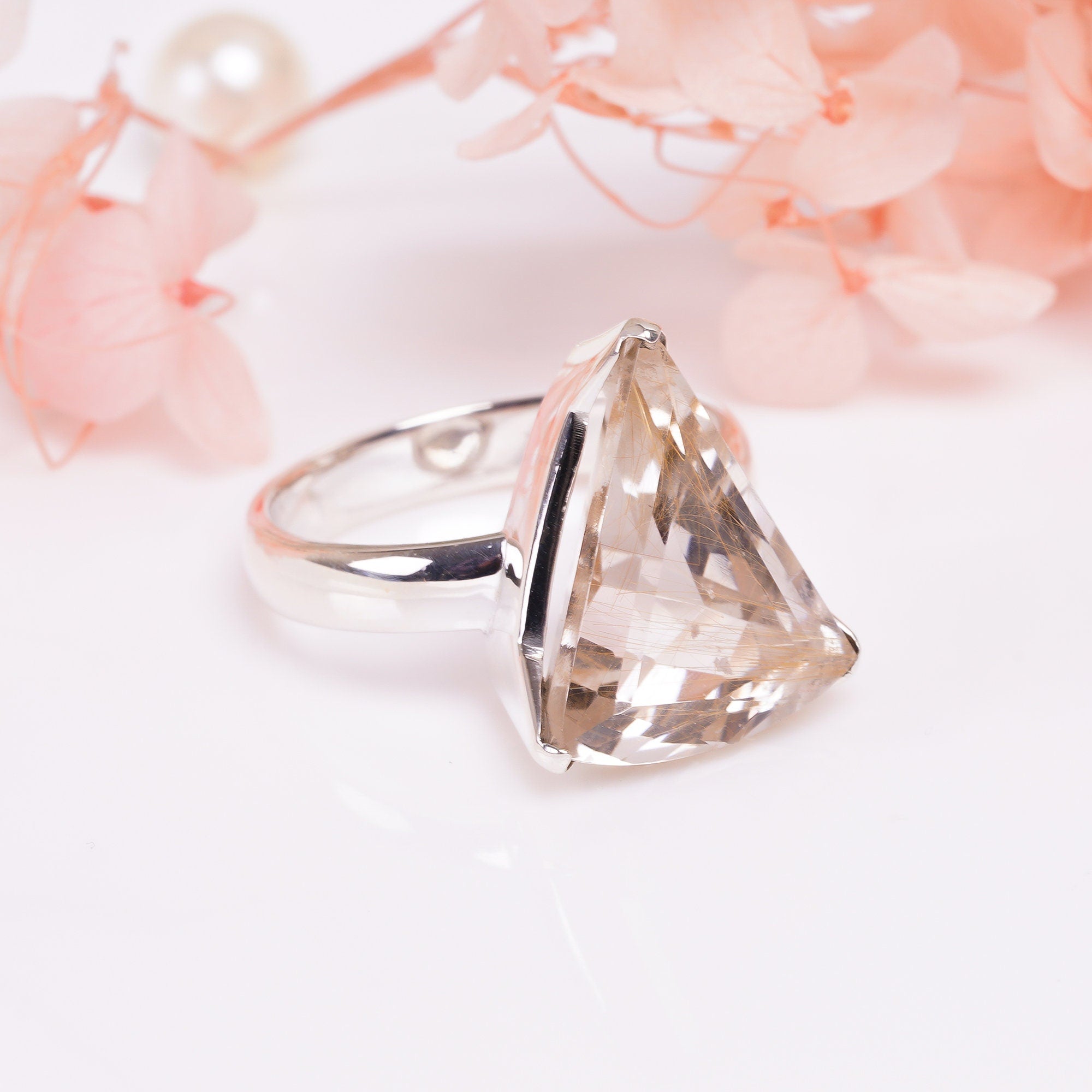 natural golden rutile quartz triangle shape ethnic handmade 925 sterling silver ring 8 75 us 6 9 gms y 7776