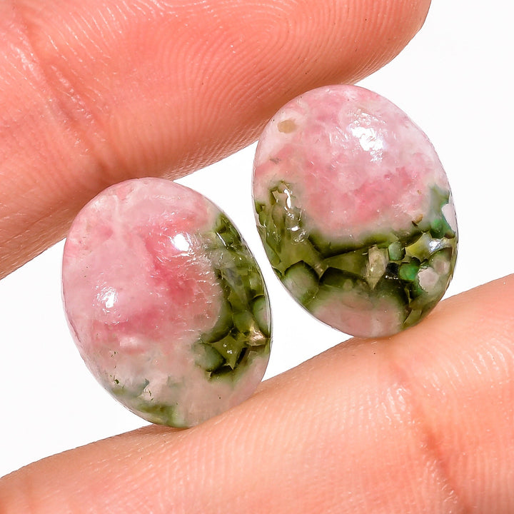 green pink tourmaline bio color oval shape cabochon natural loose gemstone pair