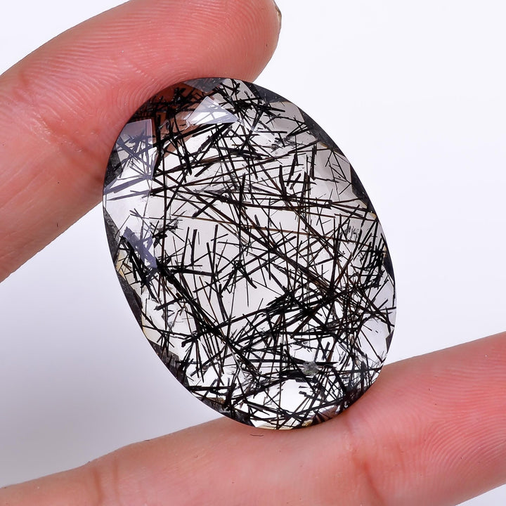 black rutile quartz both side flat cut oval shape cut stone loose gemstone
