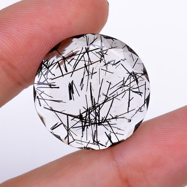 black rutile quartz both side flat cut round shape cut stone loose gemstone