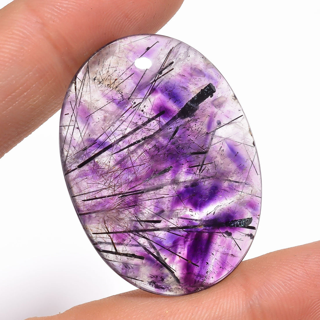 natural black rutile in amethyst super seven oval shape cabochon loose gemstone