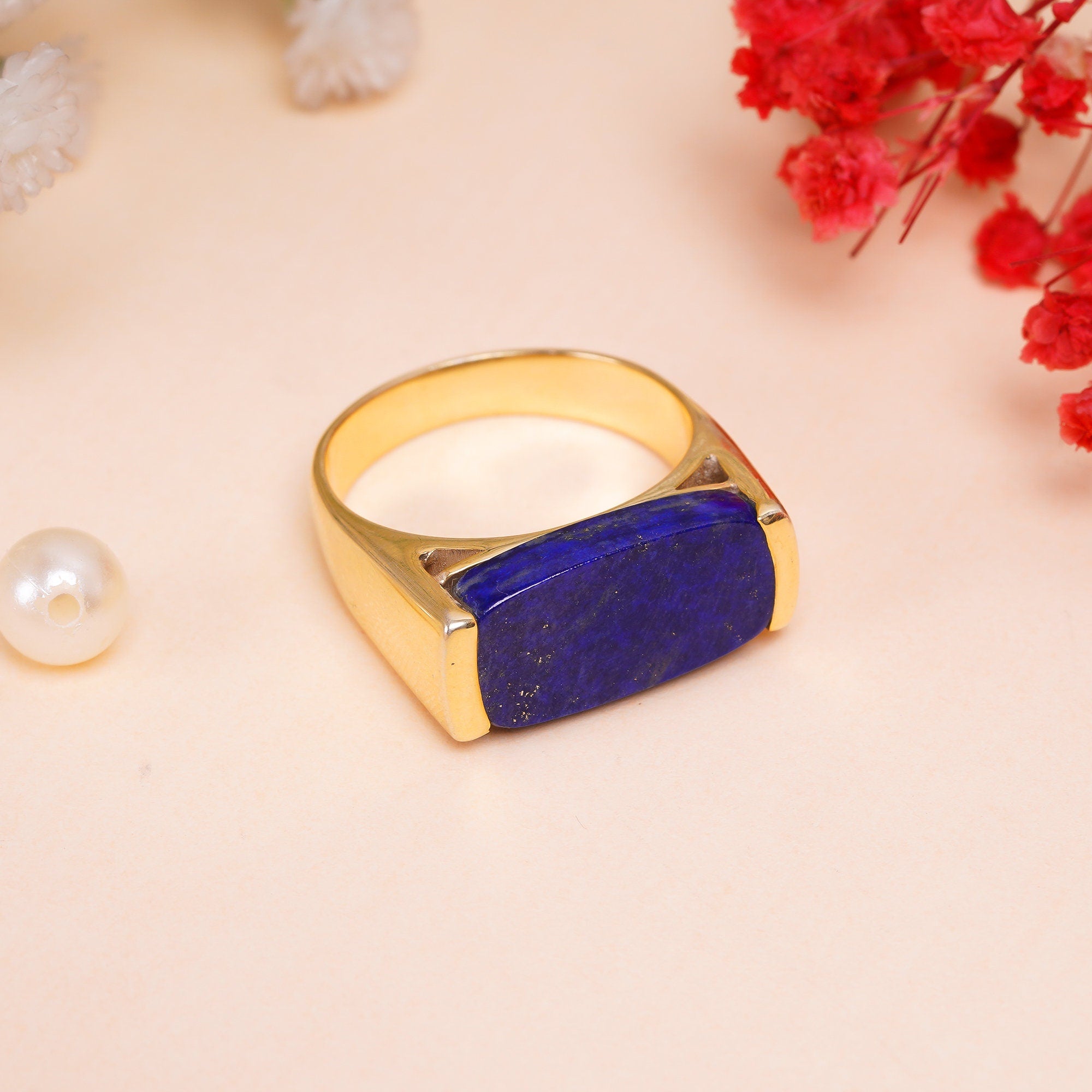 natural lapis lazuli radiant shape ethnic handmade ring 925 sterling silver 14k gold plated 3 micron 10 75 us 10 8 gms y 7778
