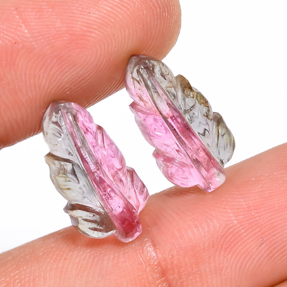 natural bio tourmaline leaf shape carved loose gemstone pair