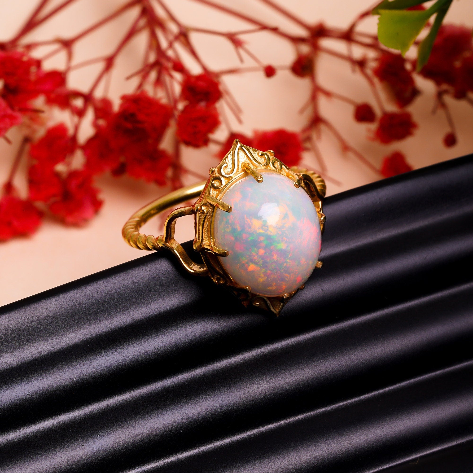 natural ethiopian opal oval shape ethnic handmade ring 925 sterling 14k gold plated ring 3 micron 9 75 us 4 2 gms y 7774