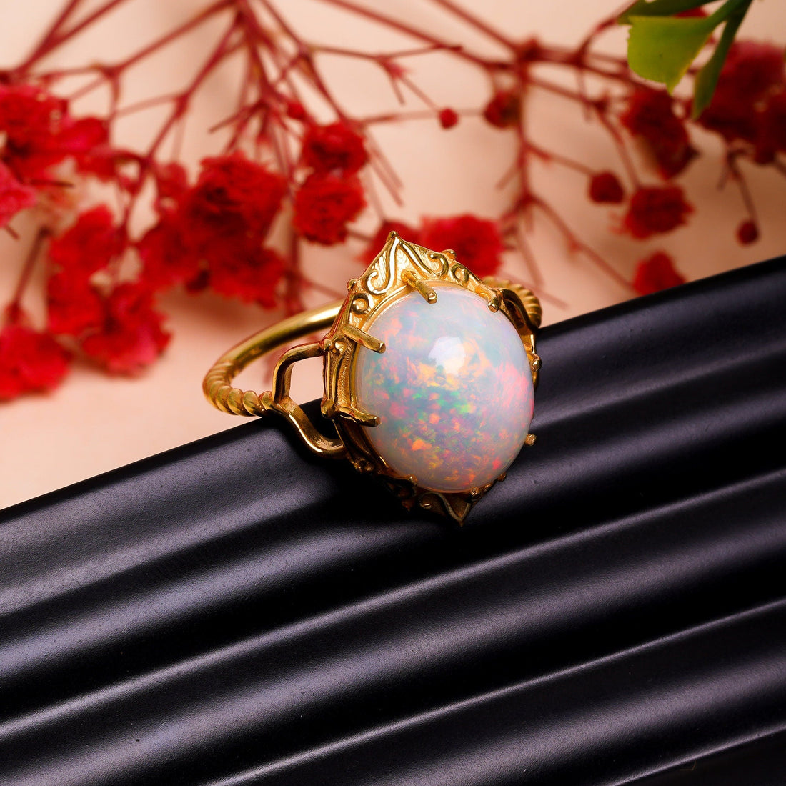 natural ethiopian opal oval shape ethnic handmade ring 925 sterling 14k gold plated ring 3 micron 9 75 us 4 2 gms y 7774