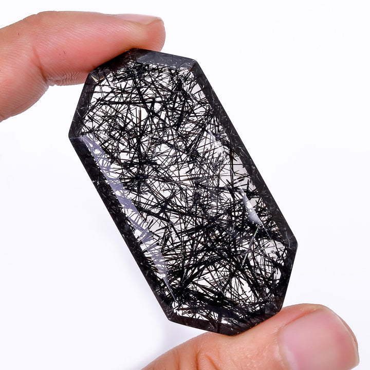 black rutile quartz both side flat cut fancy shape cut stone loose gemstone