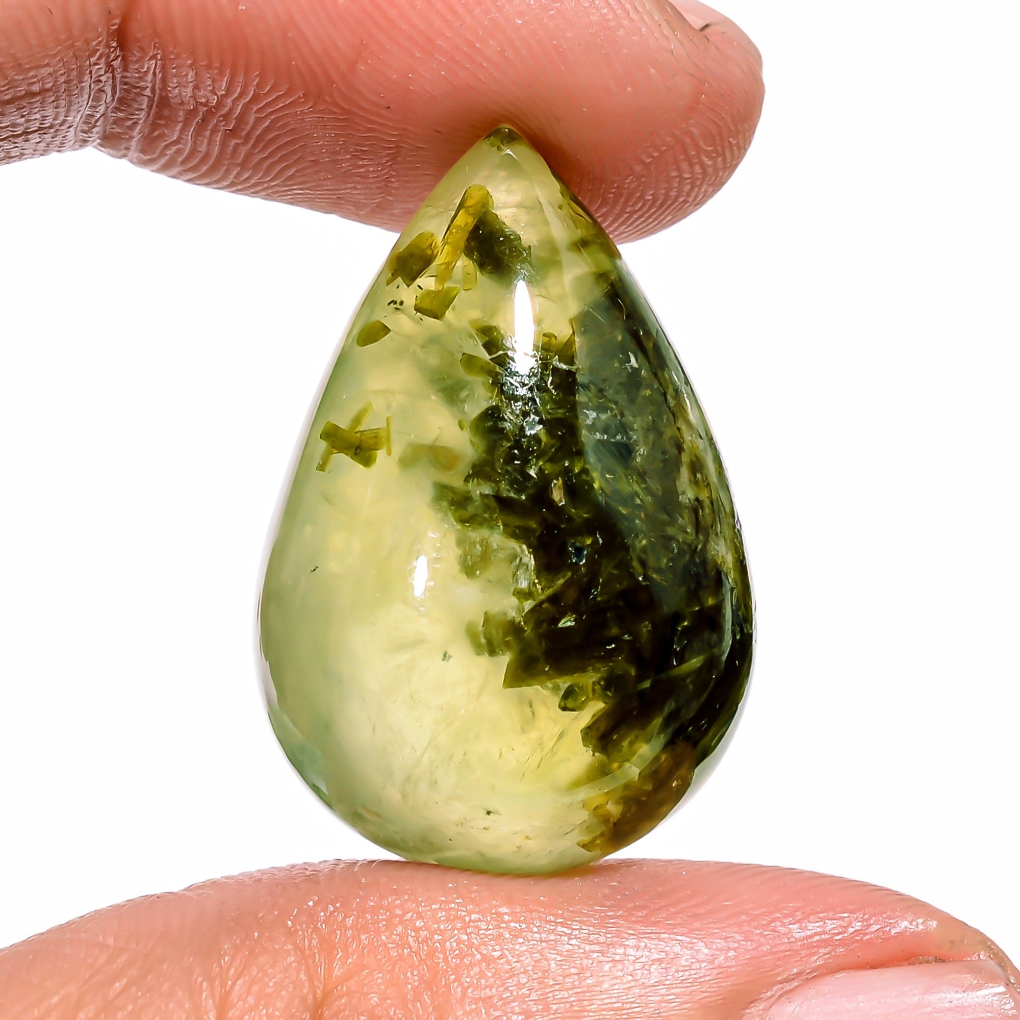 prehnite with epidote pear shape cabochon loose gemstone