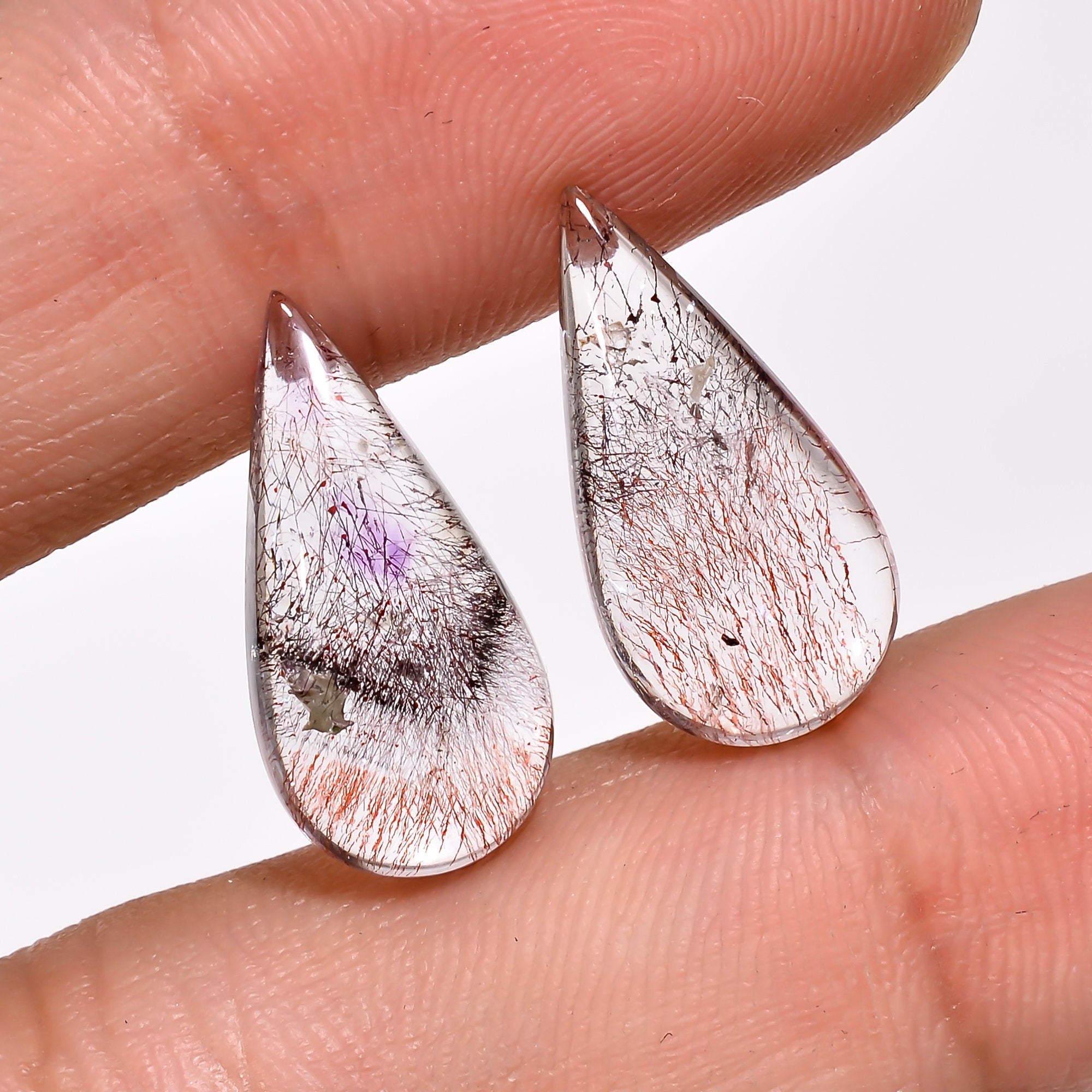 elestial quartz with lepidocrocite pear shape cabochon natural loose gemstone pair