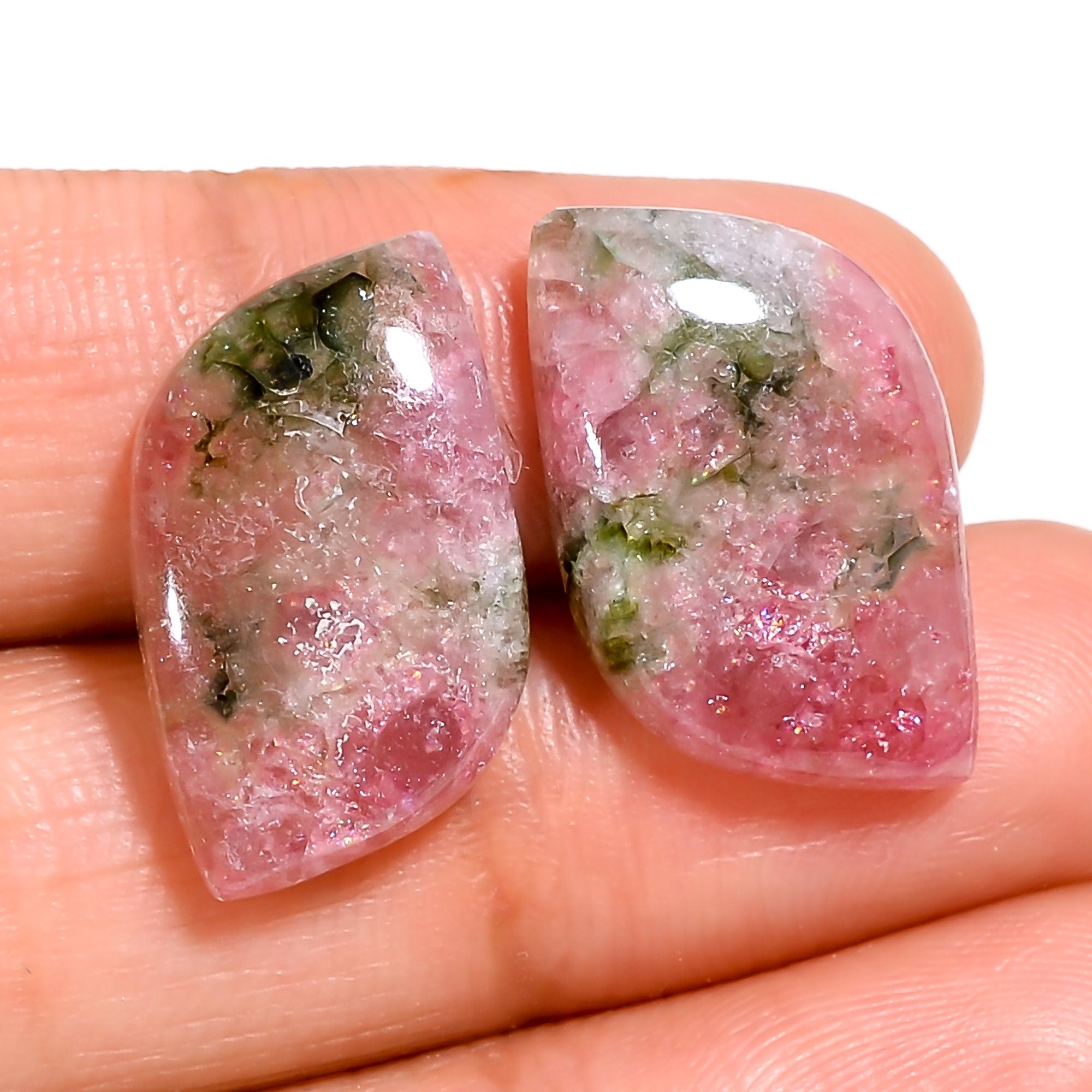 pink green tourmaline natural fancy shape cabochon loose gemstone pair