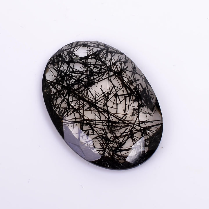black rutile quartz both side flat cut oval shape cut stone loose gemstone